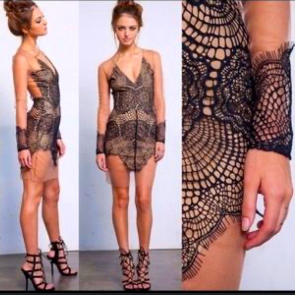 For Love & Lemons Antigua Lace Illusion Mesh Long-Sleeved Mini Dress